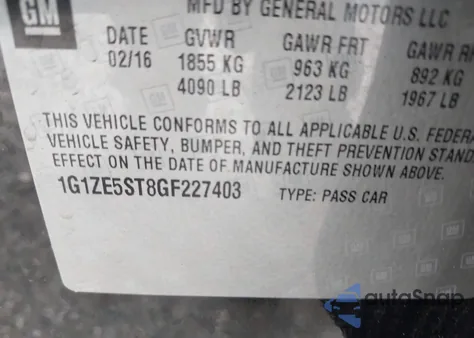 2016 Chevrolet Malibu 1Lt из США, поврежденный, VIN 1G1ZE5ST8GF227403